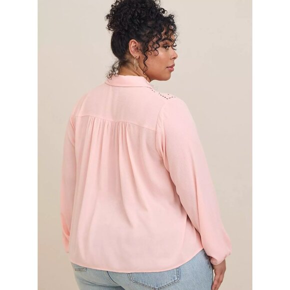 Torrid Madison Washable Gauze Crepe Embroidered Long Sleeve Shirt Pink 4X NEW - Picture 7 of 7